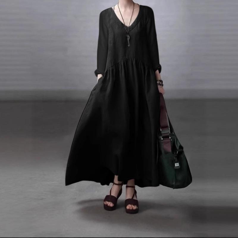 New Fashion V-neck Women's Casual A-line Dress Large Size Solid Color Loose Long Dress Summer Simple Pleated Elegant Party Dresses Clothing