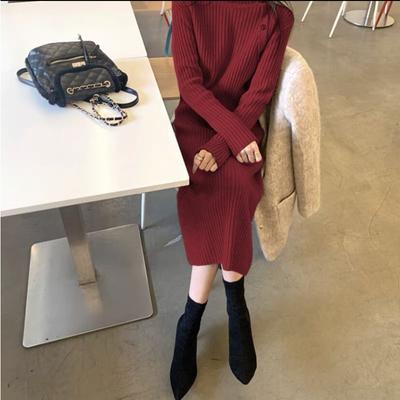 Loose Long Sweater Skirt Over the Knee Women's Autumn and Winter New Turtleneck Knitted Dress Medium and Long Inner Bottom Skirt