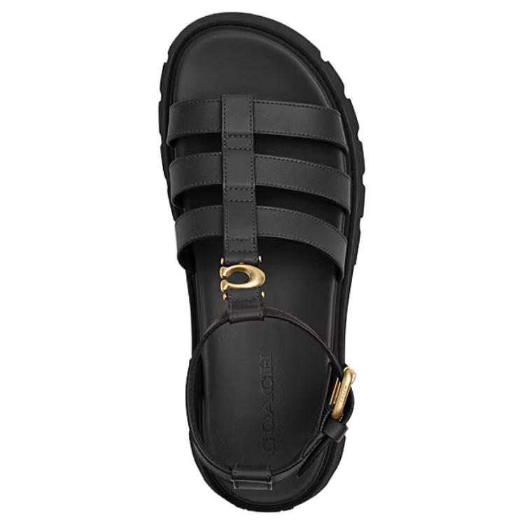 Coach Leather 3D C Logo Thick Sole Open Toe Buckle Comfortable Design Roman Sandals Women sandals Black CAR70-BLK