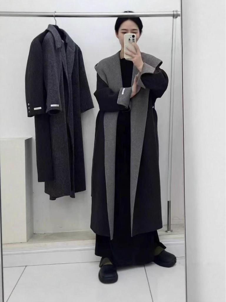 Extra langer Kapuzenmantel aus Wolle-Kaschmir für große Frauen - 2025 Herbst/Winter Koreanischer Stil