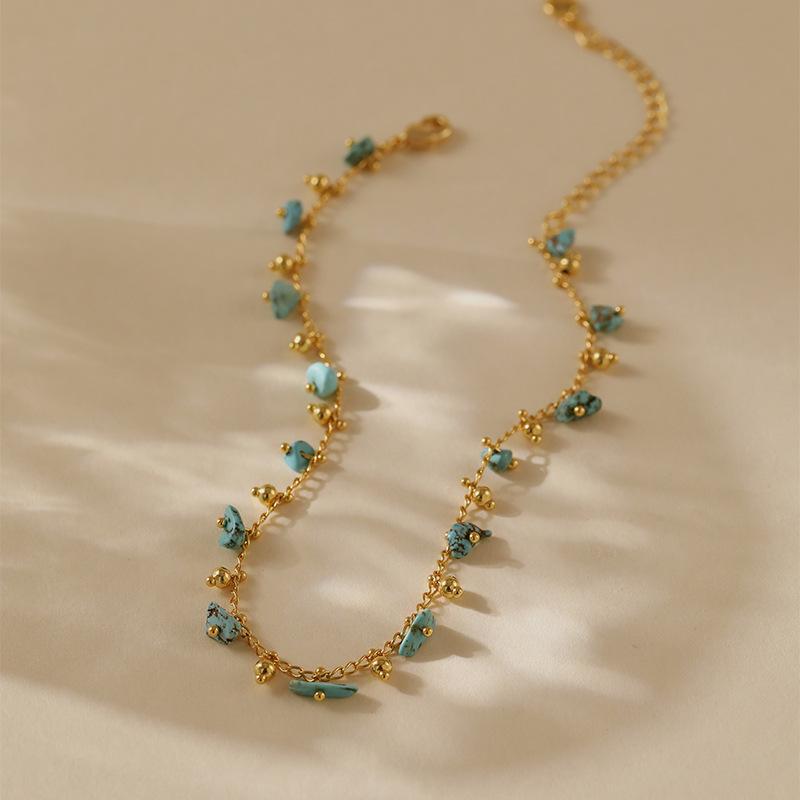 Gold Plated Stainless Steel Raw Turquoise Chip Bead Anklet
