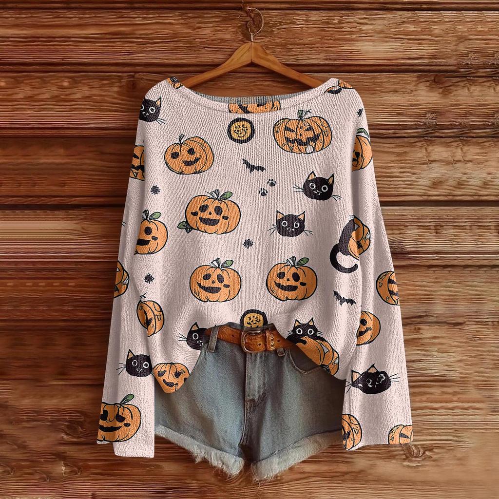 Women's Halloween Sweater, Bohemian Vintage Pattern Print Long Sleeve Knit Pullover
