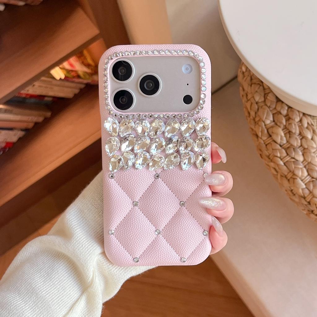 Fashion 3D Grid Glitter Diamond PU Leather Hard PC Phone Case for iPhone Air 16 15 14 13 17 Pro Max Bling Rhinestone Girly Cover