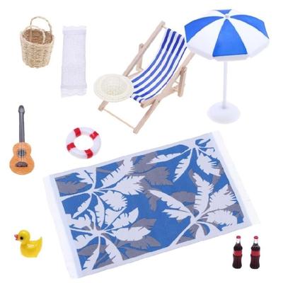 Kids Pretend Play Beach Scene Display Furniture Set Doll House Accessories with Lounge Chair and Sunshade for Craft Model