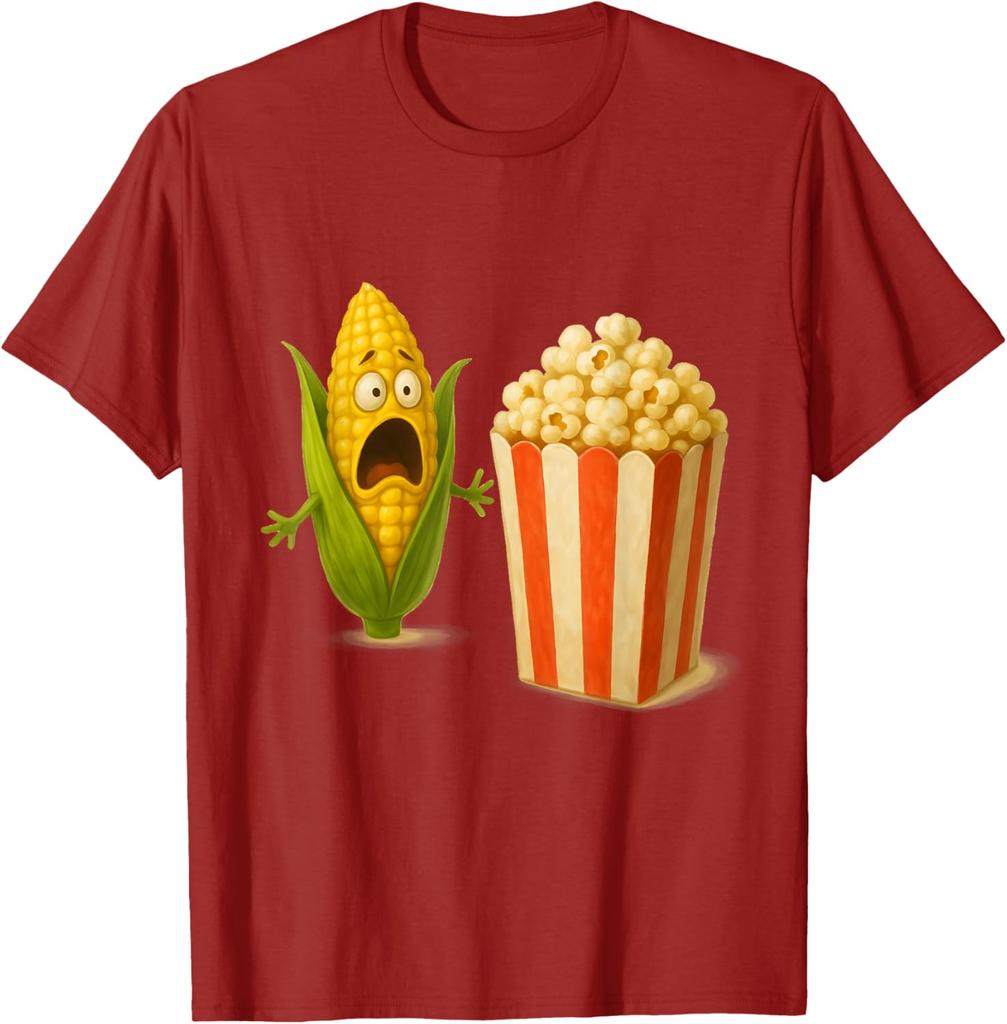 Funny Screaming Corn Popcorn Horror Food Humor Graphic Tee Casual Cotton T-Shirt for Men Women