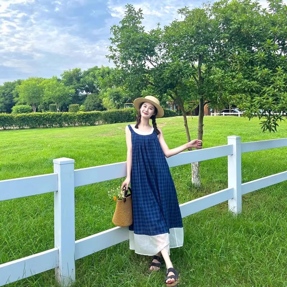 Blue Plaid Summer Sleeveless Dress French Literary Style Mori Retro Small Fresh Holiday Suspender Vest Long Dress