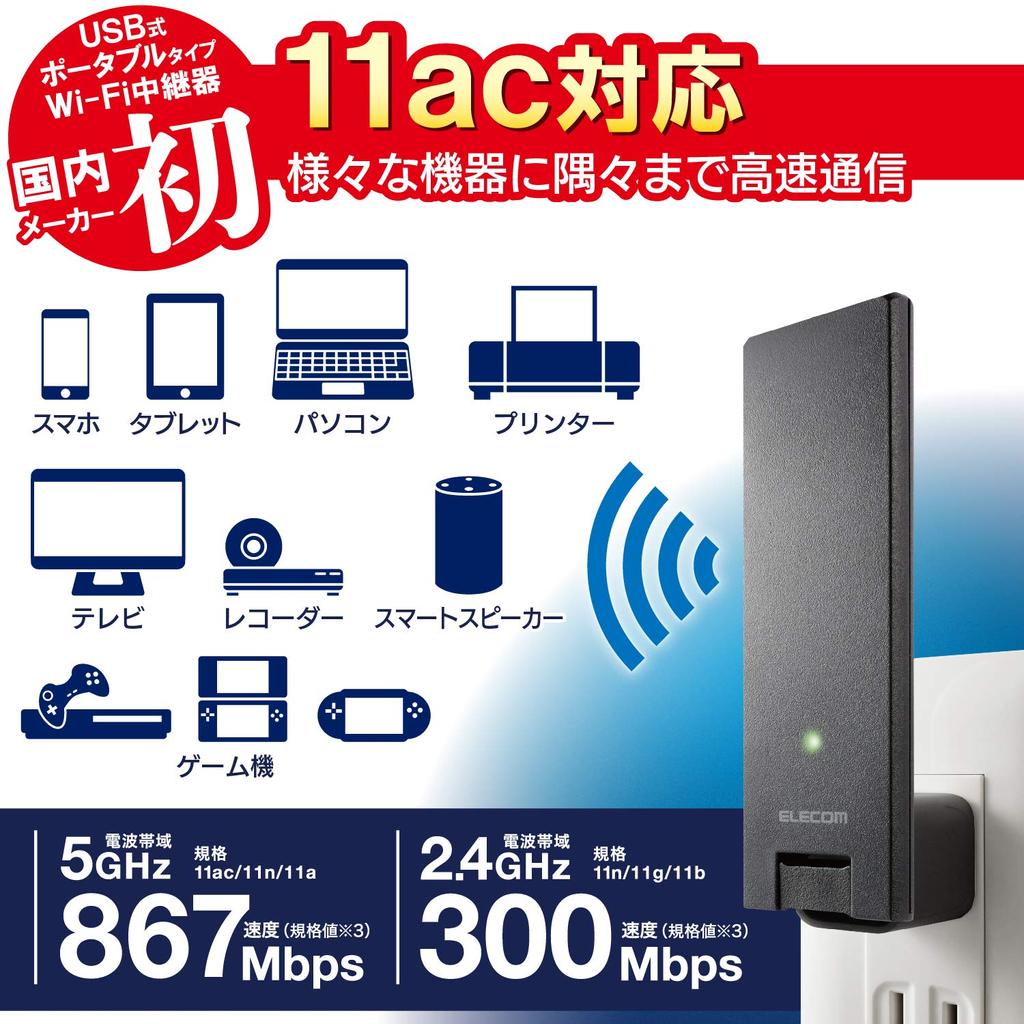 Elecom WiFi Wireless LAN Repeater Ac1200 Black Small Model Dual Band 11ac/n/a/g/b 867+300Mbps WTC-1167US-B