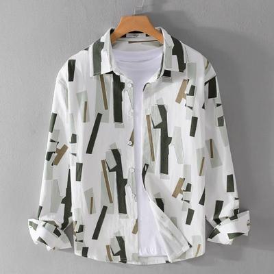 Summer Men's New Splicing Square Collar Button Pocket Printed Trendy Minimalist Casual Loose Fashion Long Sleeve Shirts