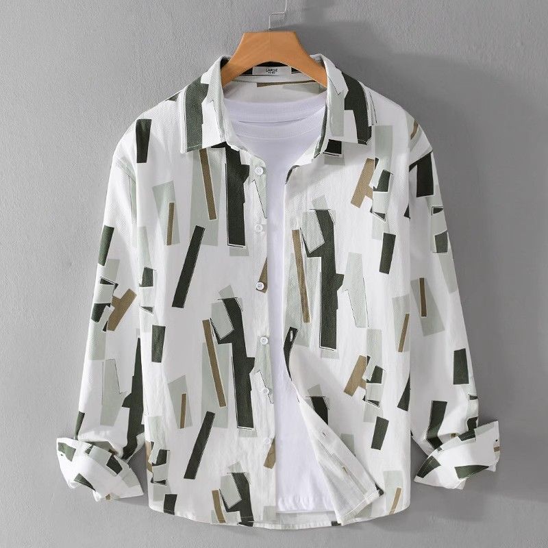 Summer Men's New Splicing Square Collar Button Pocket Printed Trendy Minimalist Casual Loose Fashion Long Sleeve Shirts