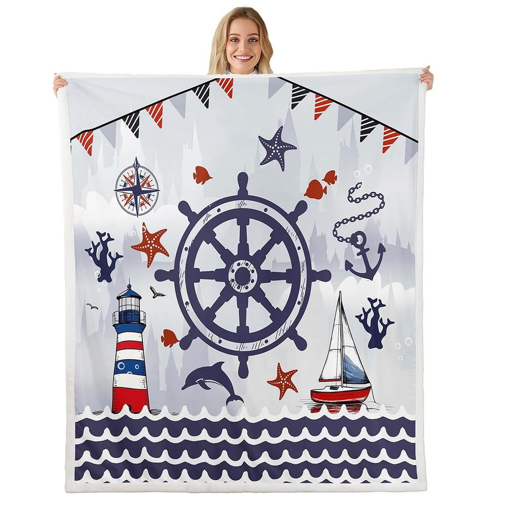 Ship Rudder Print Blanket Soft Fleece Flannel Lightweight Nautical Blanket Cozy Warm Plush Throw Blanket Sofa Couch Chair Decor