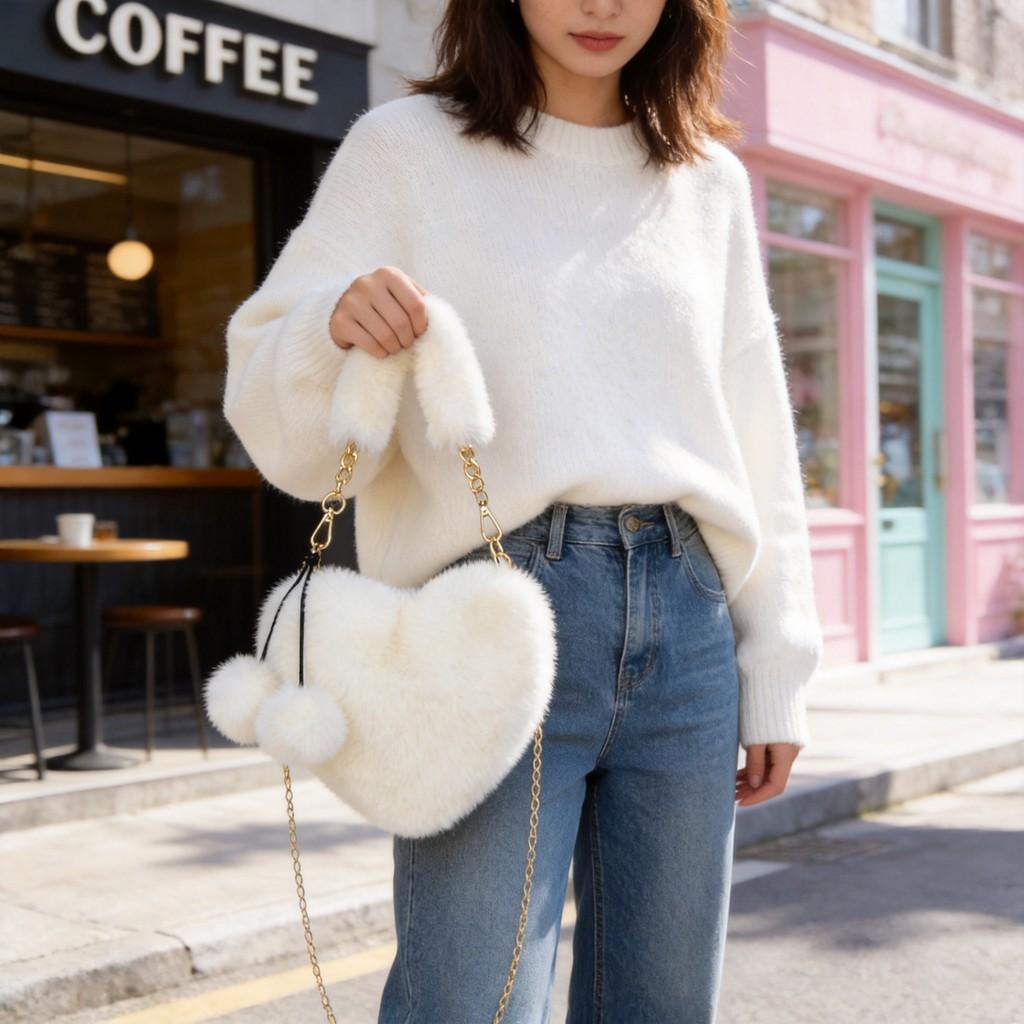 Plush Heartshaped Handbag For Women With Chain Strap And Large Capacity For Daily Use