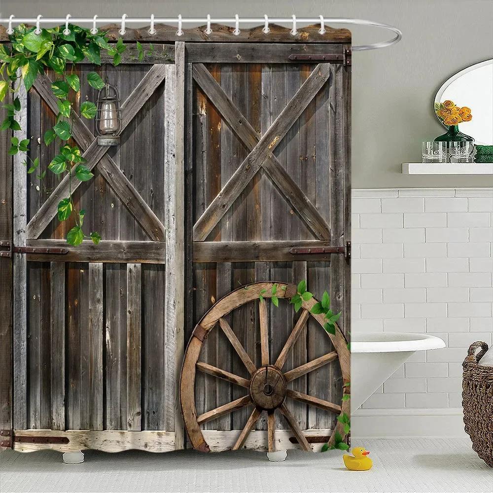 Retro Wood Doors Shower Curtain Set Rustic Old Vintage Barn Door Fabric Bathroom Curtains Farmhouse Bath Decor Bath Screens Hook