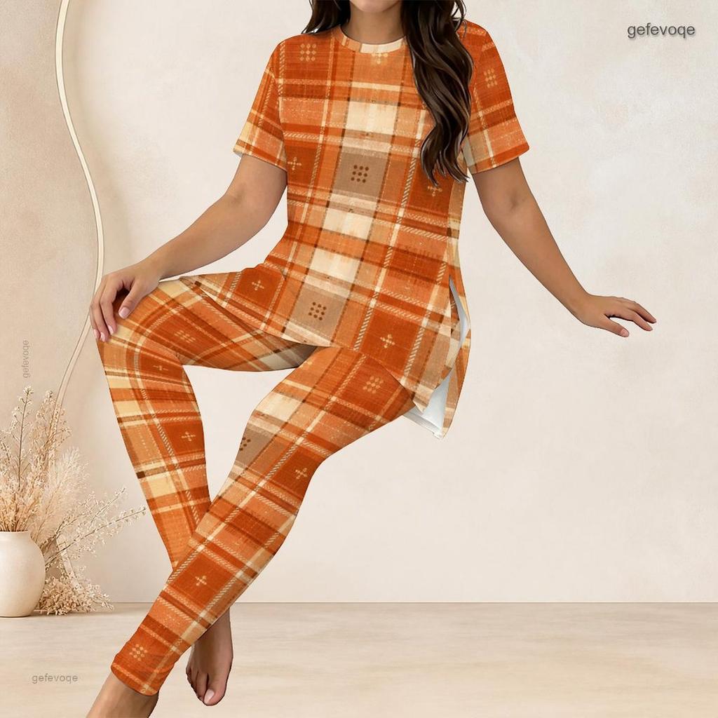 Women Plus Size Printed Round Neck Short Sleeve Longline Top Fitted Pants Two Piece Set