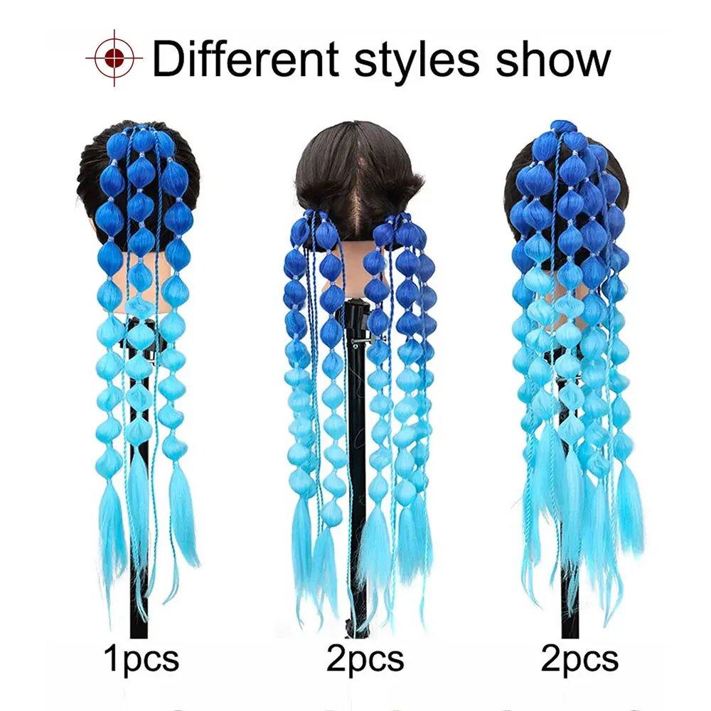 Synthetic 1Pcs Ponytail Extension Corlorful Bubble Braid Long Lantern Braided Ponytail with Hair Tie Straight Hairpieces