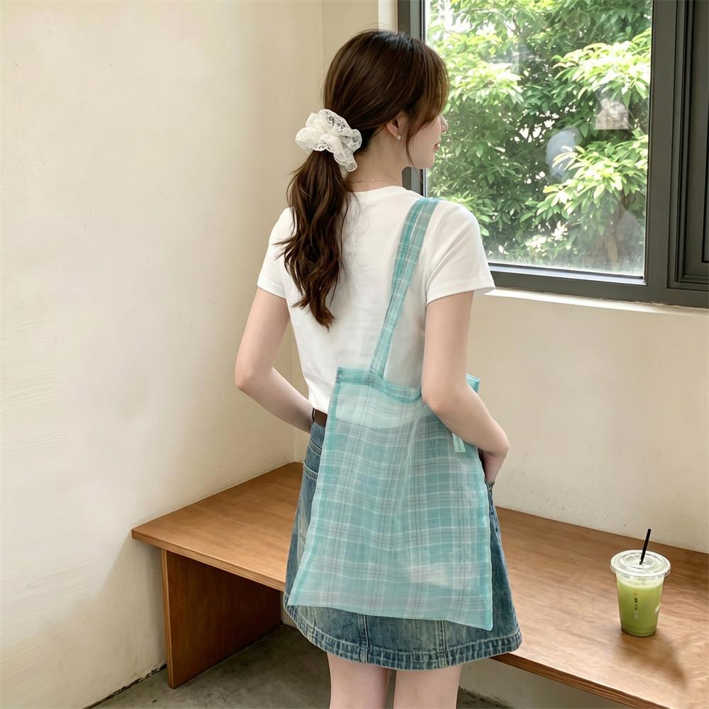 Macaron Plaid Fabric Tote Bag With Open Top For Casual Summer Outings
