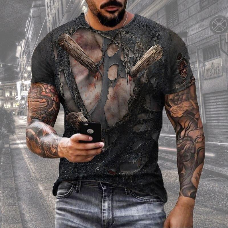 Černé tričko Lebka Pánské Punk Tričko Lebka Rock Gun Modré tričko Tričko s 3D potiskem Retro gotické pánské oblečení letní top
