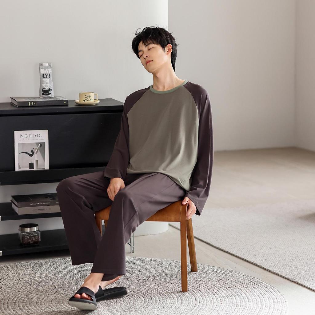 Men's Color Block Modal Pajama Set - Long Sleeve Round Neck for Stylish Spring and Autumn Wear