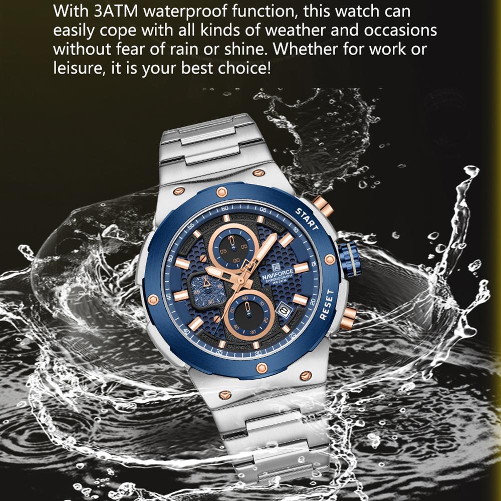 Naviforce Męski Zegarek Kwarcowy Wskazówkowy Stoper Chronograf Wodoodporny Pasek Ze Stali Nierdzewnej Kalendarz Luminescencyjny Męski Chłopięcy Modny Zegarek Casualowy NF8072