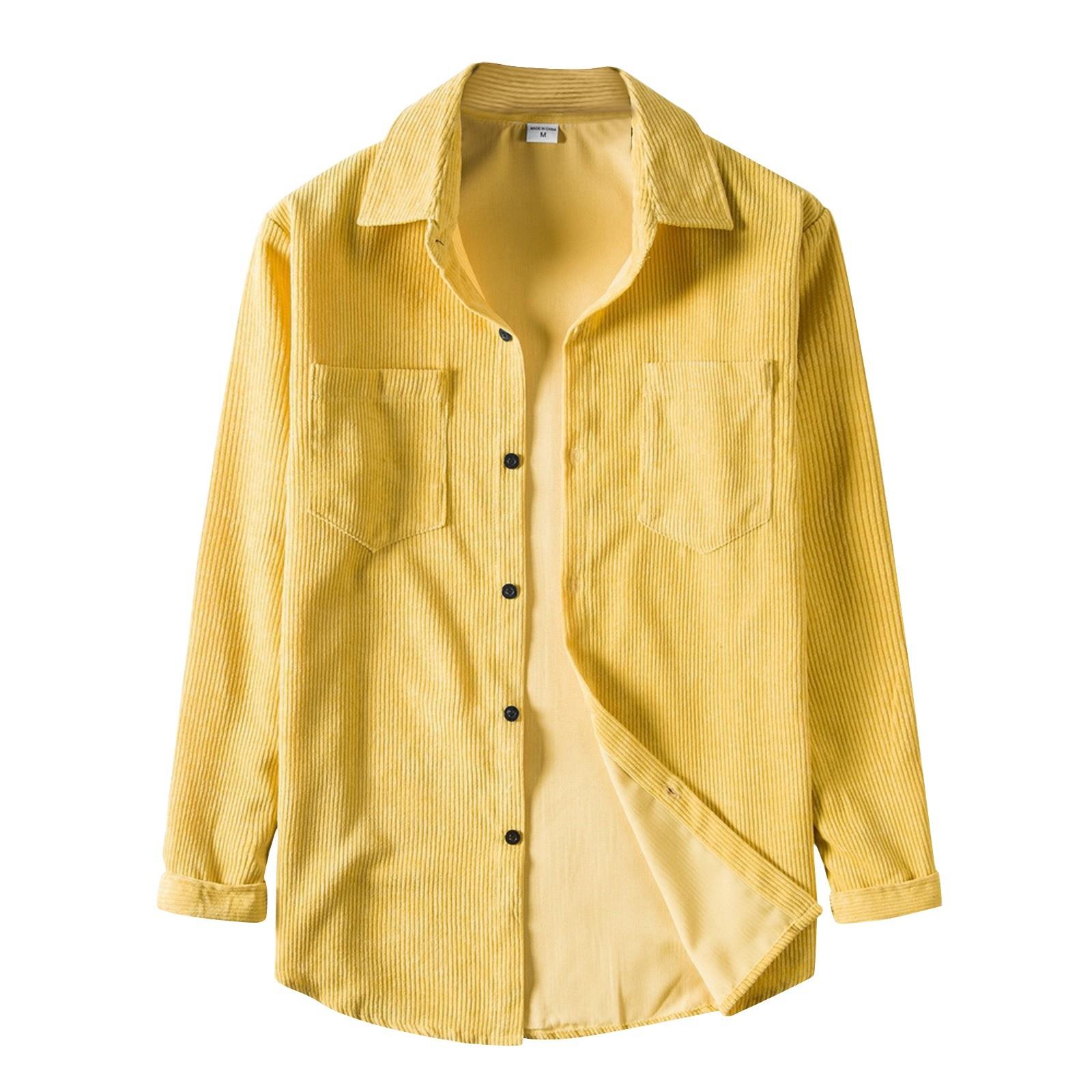 

Мужская повседневная свободная однотонная рубашка с длинным рукавом и двойными карманами на пуговицах M жёлтый