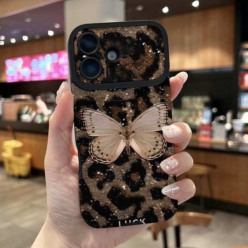

Леопардовый принт бабочки Вертикальная зернистая кожа Мягкий силиконовый чехол для телефона Задняя крышка с полной защитой объектива камеры для iPhone 17 Honor 300 Pro