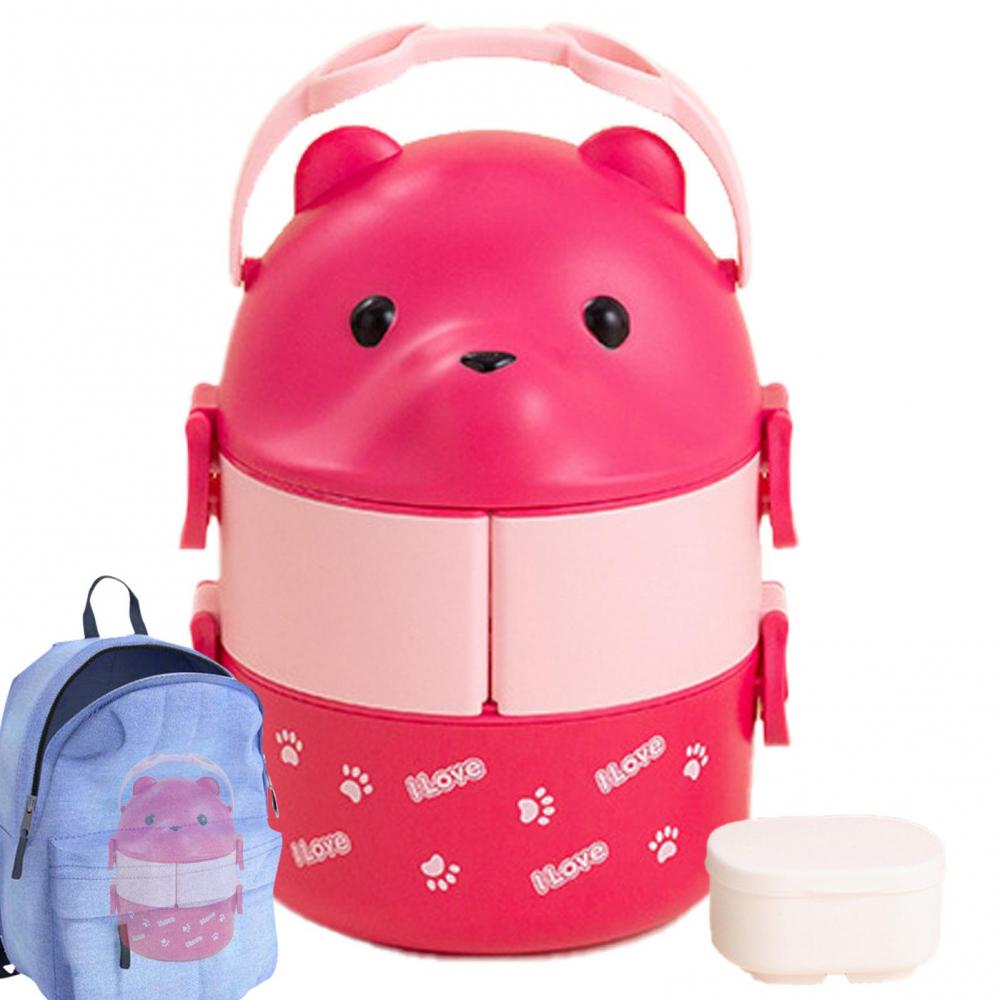 Stackable Bento Box Cartoon Eyeglass Bear Bento Box for Kids 1600ml Double Layer Lunch Box with Spoon Microwave Refrigerator Safe