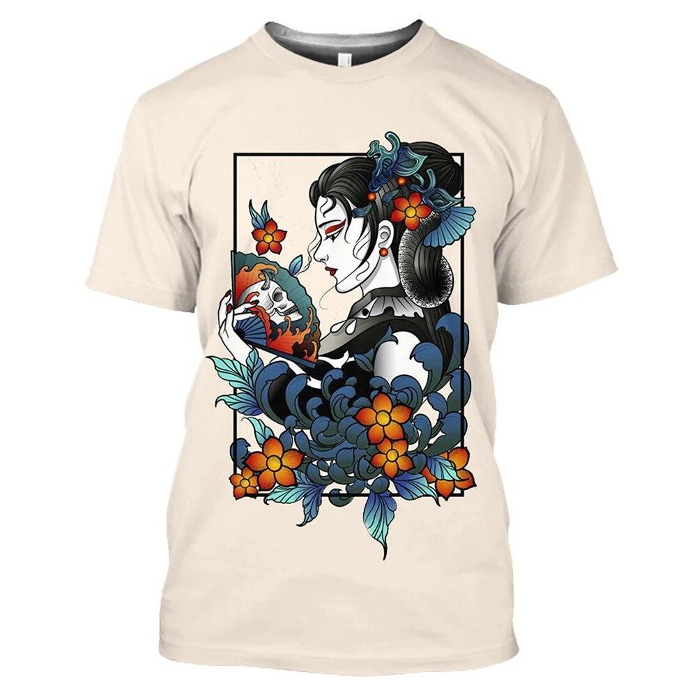 

Мужская футболка японских гейш с 3D принтом аниме, рубашка с короткими рукавами и круглым вырезом, уличная одежда в стиле Харадзюку, мужская одежда, топы 6XL