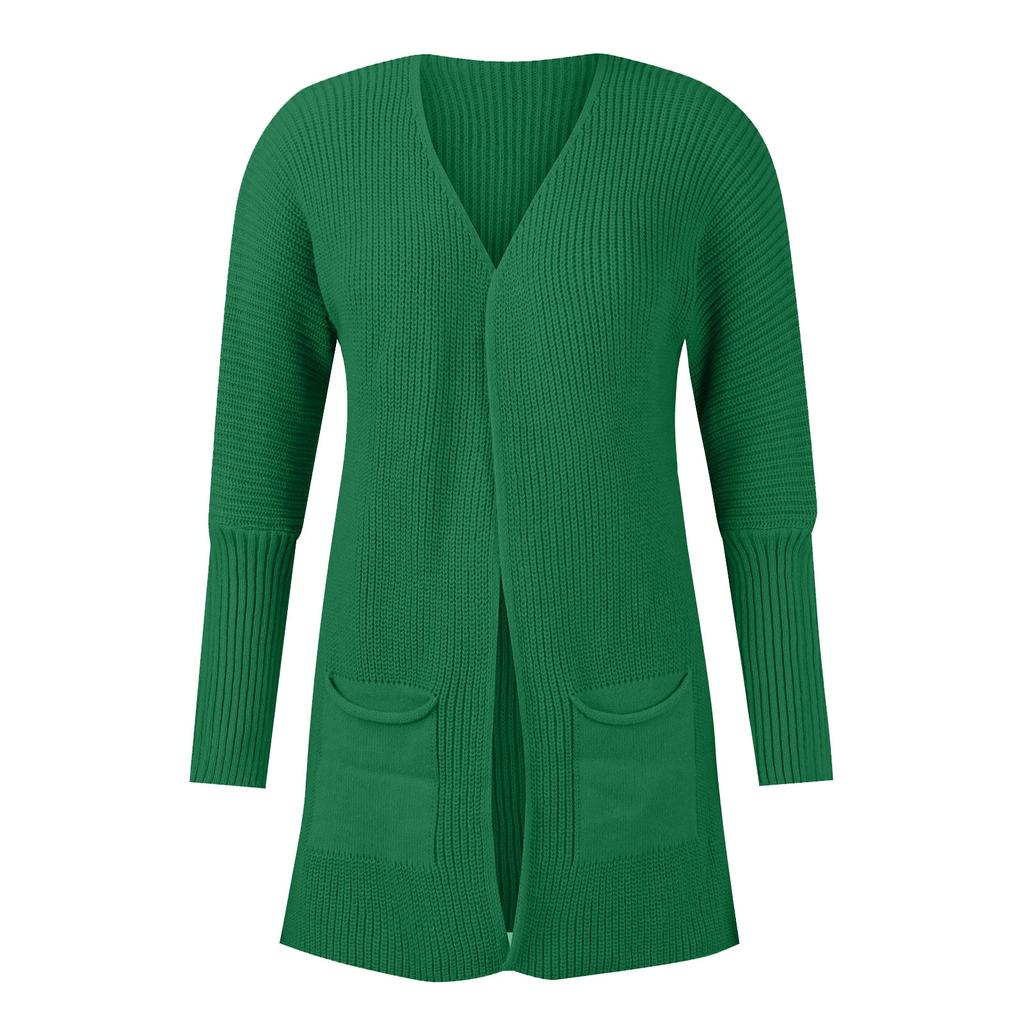 Women's Large Size Knit Sweater Cardigan Sleeve Loose Mid-Length Jacket With Pockets