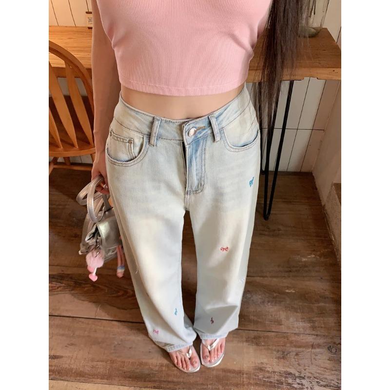 2024 New High Waist Denim Trousers Women Summer Design Sense Bow Embroidery All-Match Wide Leg Mop Pants Fashion