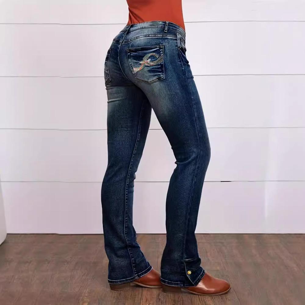 Women's Low Rise Straight Leg Jeans Embroidered Stretch Denim Pants Casual Slim Fit Denim Trousers For Daily Wear