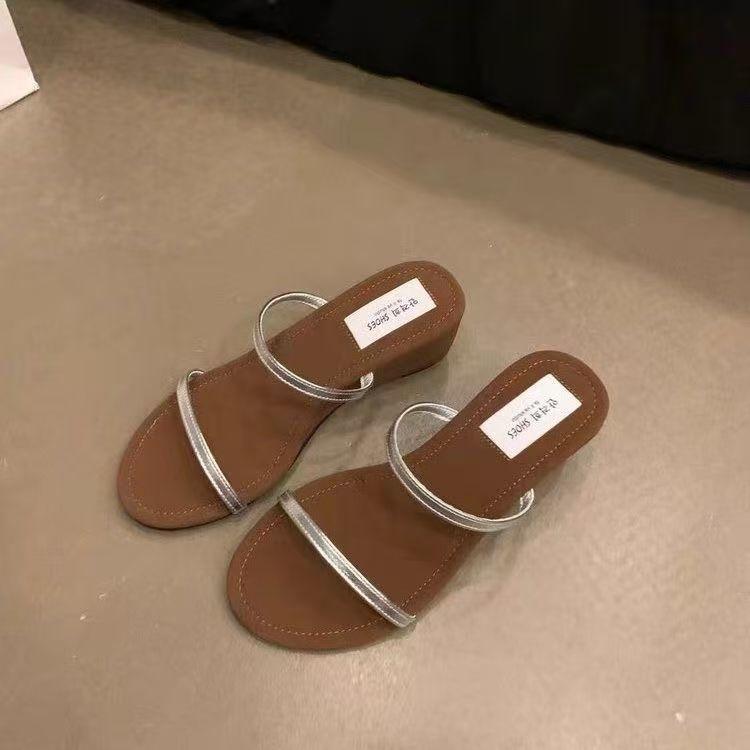 Thin Strap French Sandals Sandals Versatile Soft Leather Wedge Heel One Word Cool Slippers Women's Shoes Wear New In Summer 2025