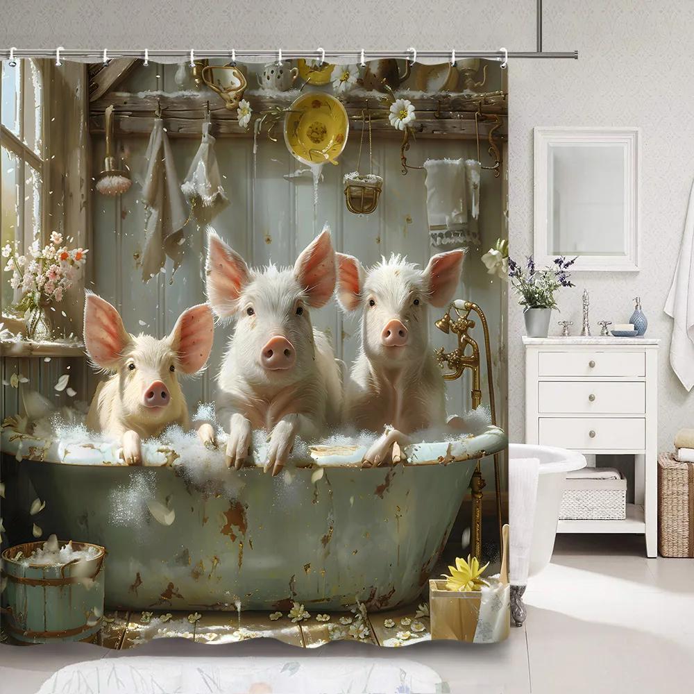 Cute Pig In Bathtub Bath Curtain for Kids Funny Cartoon Animals Rustic Wooden Plank Polyester Fabric Bath Curtain Bathroom Decor