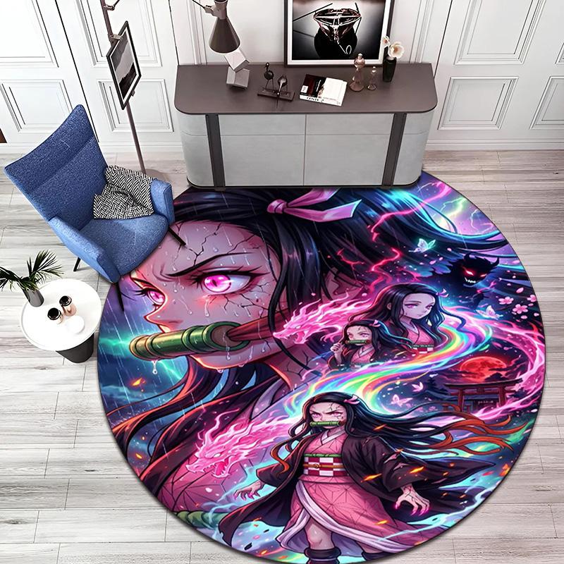 Classic Japanese-style Cartoon Demon Slayer Round Rug, Home Soft Decorative Anti-slip Yoga Mat and Chair Mat, Outdoor Floor Mat Carpet K27