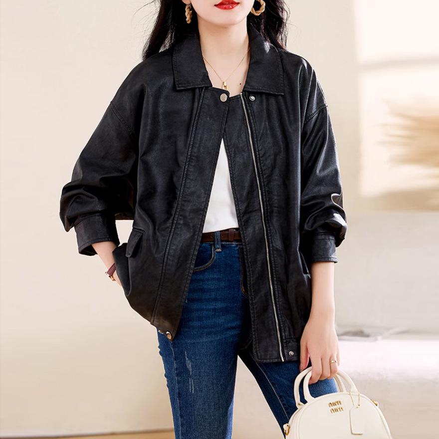 

Коричневая кожаная куртка женская весна и осень новая с маленьким чувством дизайна крутая sa свободная мотоциклетная куртка XXL чёрный