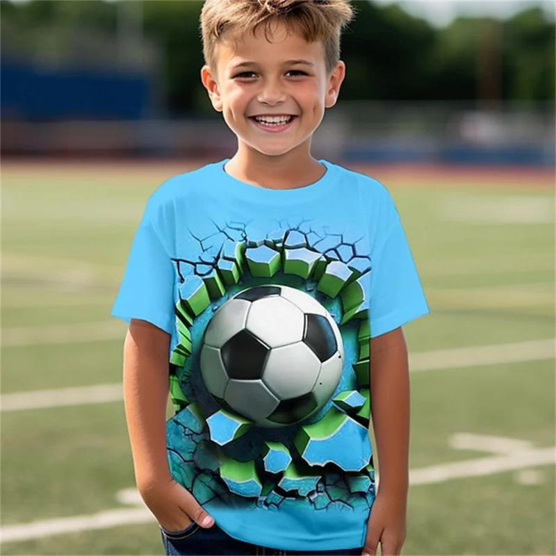 3D Tištěný Fotbalový Vzor Módní Trend Kulatý Výstřih Krátký Rukáv Ležérní Dětská Chlapecká Trička