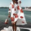 Trendy 3D Floral Print Lapel Long Sleeve Dress