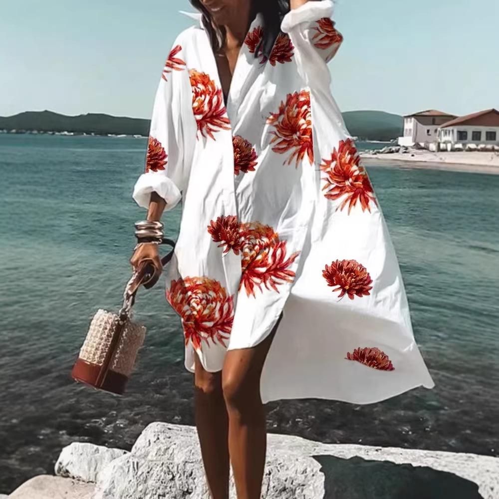 Trendy 3D Floral Print Lapel Long Sleeve Dress