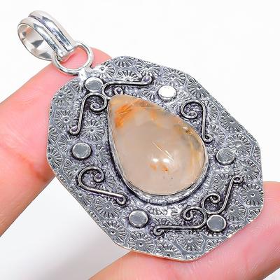 Golden Rutile Handmade Gemstone 925 Sterling Silver Jewelry Pendant 2.29" O8w95