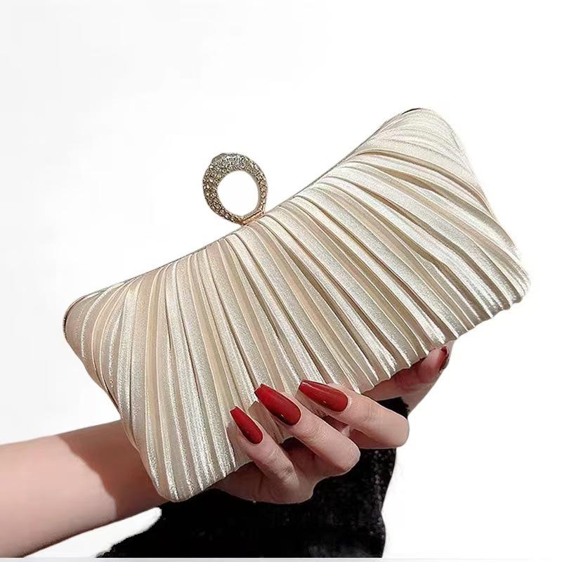 Women's Elegant Satin Evening Bag Pleated Clutch Wedding Purse Formal Tote Party Prom Clutch with Rhinestones for Wedding, Bride