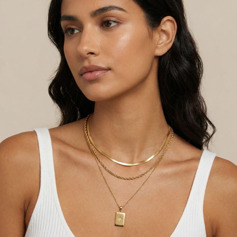 Stainless Steel Three Layer Pendant Necklace Square Star Minimalist Jewelry