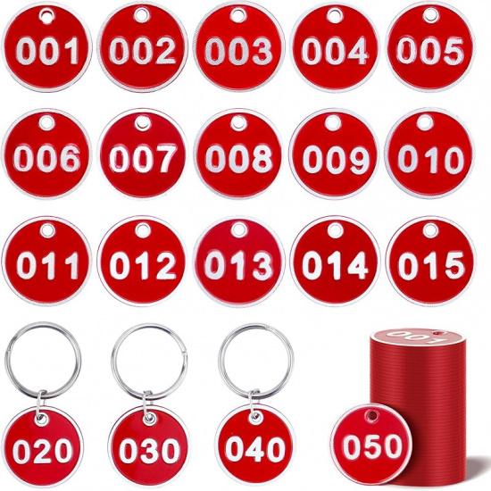 1-100 Numbered Key Tags, Round Metal Tags, Key Chain Labels, Key Tags for Home, Office and Garage, Dorm Keys, House Lockers (Red)