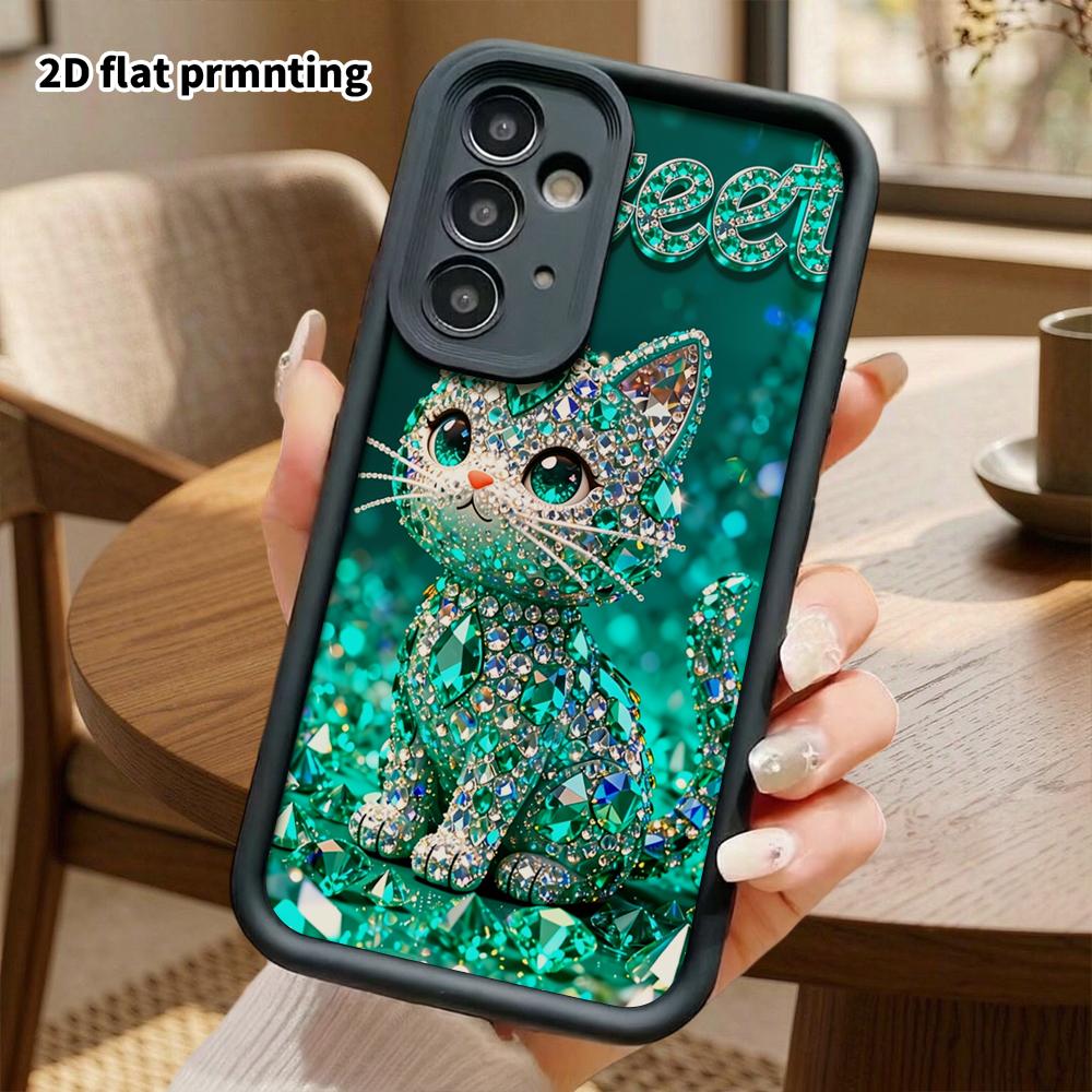Phone Case: 2D Flat Samsung Galaxy A34 A35 M05 M06 S20 S22 S21 FE Plus 5G Layered Protective Case, Emerald Cat, Christmas and Halloween Gift