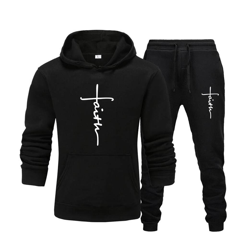 "Faith" Men's Casual Sports Hooded Sweatshirt +Drawstring Pants 2 Pieces Sets  Letter Print Sweatshirt Fleece Hoodie Set Men's