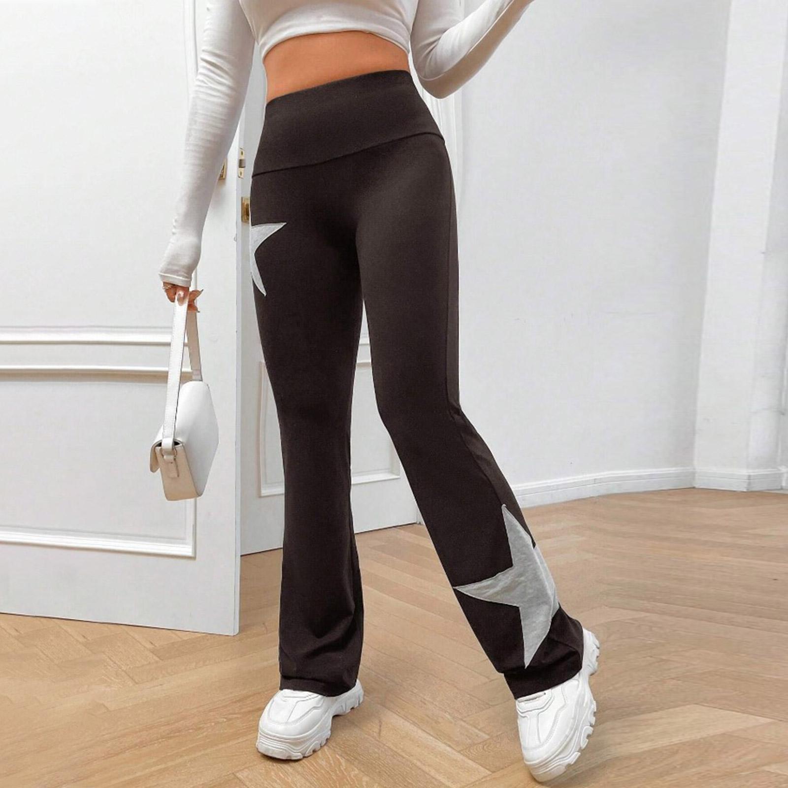 Women s Fashionable American, Sports Casual Pants, Five,Pointed Star Stretch Tight High,Waisted Slightly Flared Pants M кофейный