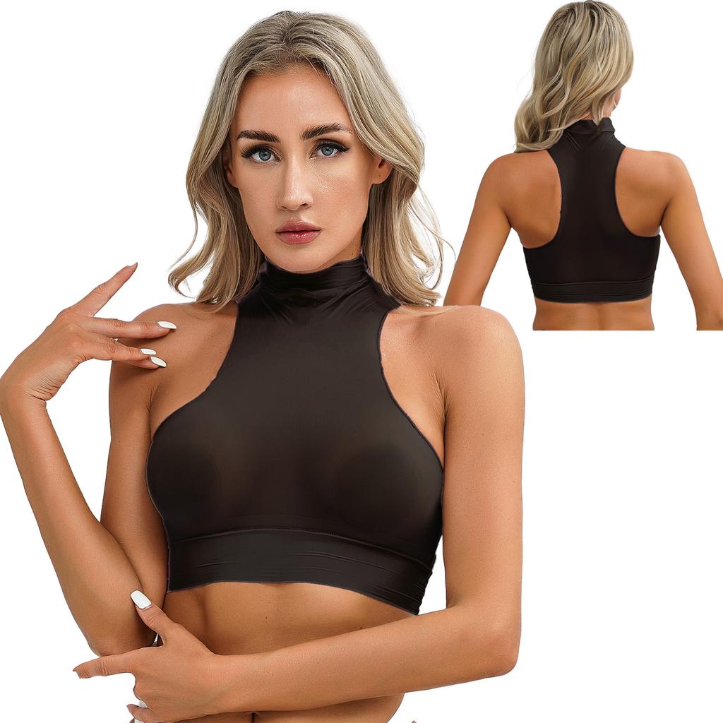 Womens Mock Neck Sleeveless Sheer Crop Top Glossy See Through Vest