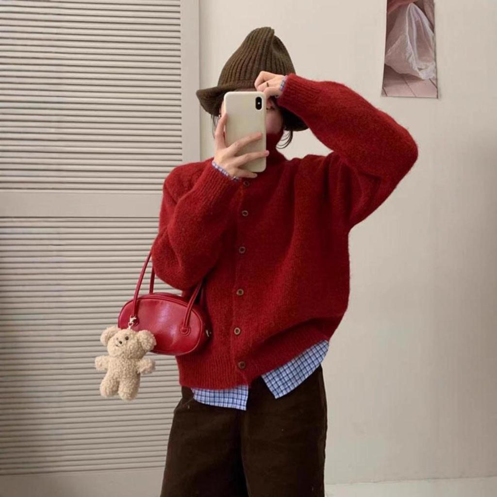 Korean Autumn Winter Loose High Neck Knit Cardigan Sweater for Women