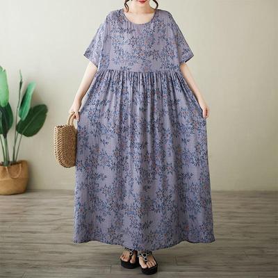 Kurzarm Plus Size Baumwolle Vintage Blumen Neu in Kleidern für Damen lässig locker Maxi langes Sommerkleid