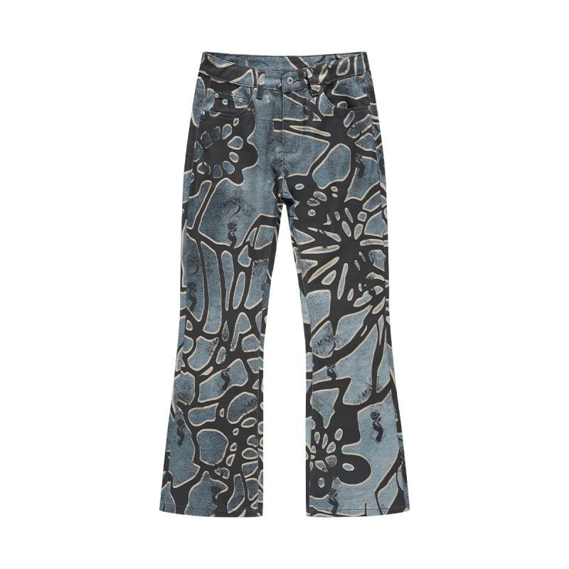 Mens Distressed Cracked Print Flared Denim