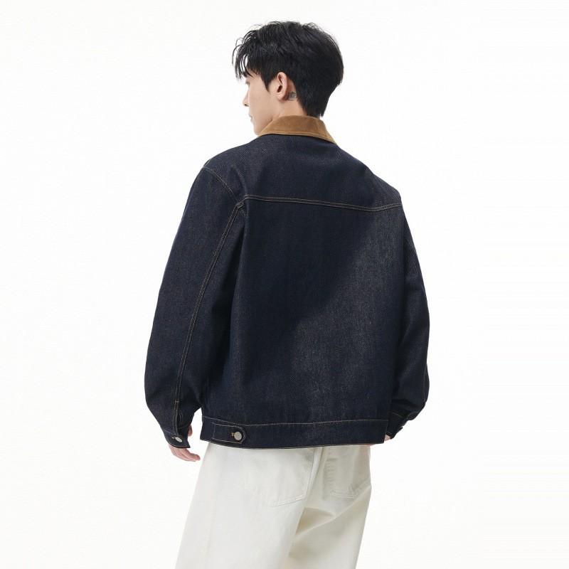 Mens Washed Denim Jacket With Contrast Color Trim Relaxed Fit Workwear Style Fall