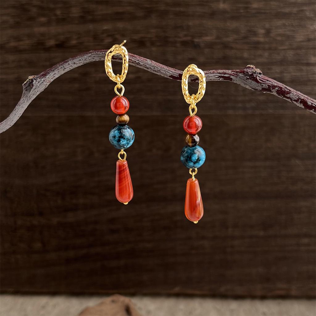 Artistic Retro Red Agate Water Drop Earrings - Chinese Ethnic Style for Women