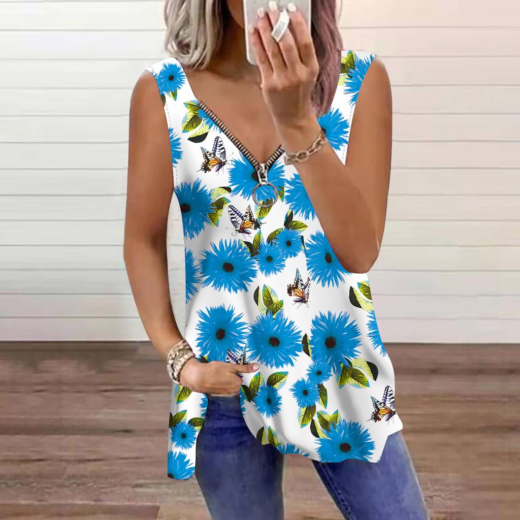 Women's Top Summer Chrysanthemum Printed Casual Plus Size Sleeveless Zipper V-neck Top Tank Top